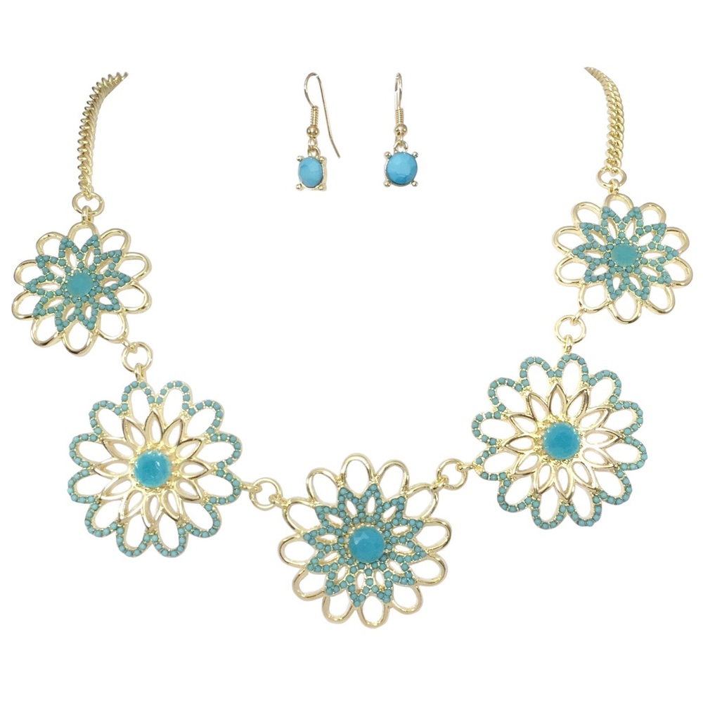 Aqua Blue Dot Open Daisy Necklace Earrings Set